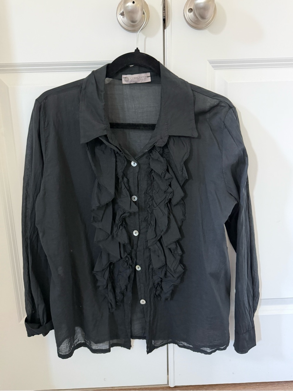 EUC Women's Black Ruffle Front Button-Down Shirt